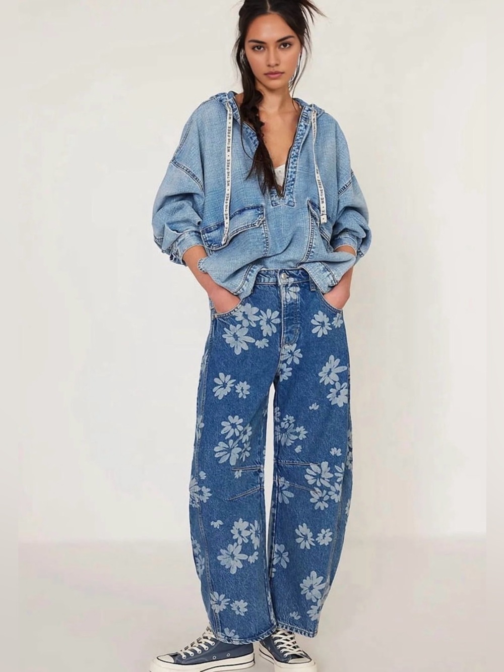Free People We The Free Good Luck Printed Barrel Jeans in the "Laser Daisy"